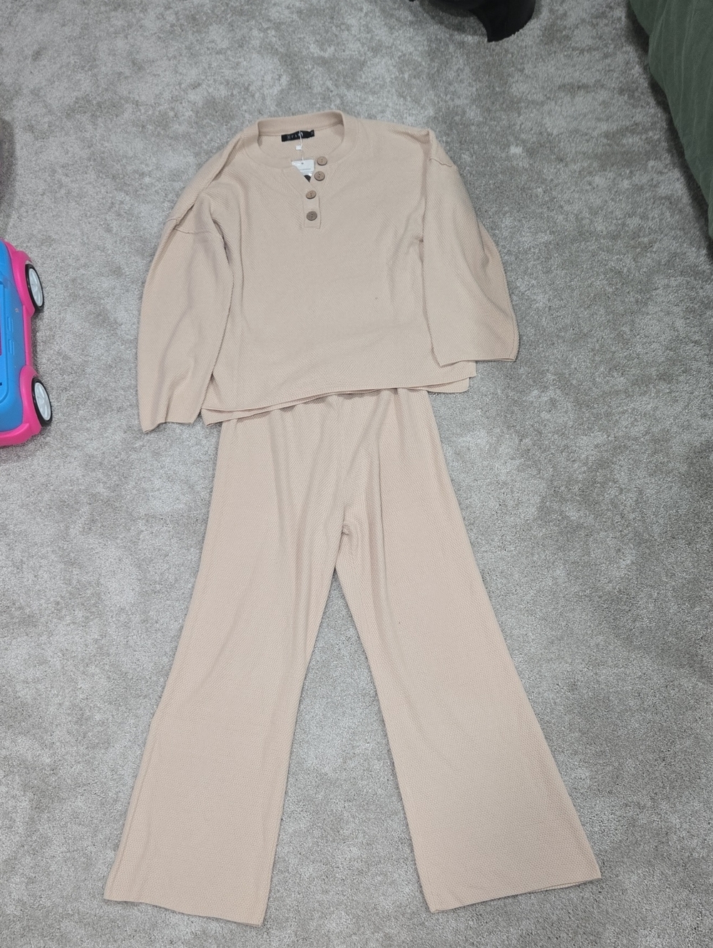 Ribbed Henley Wide-Leg Pajama Set in Light Taupe